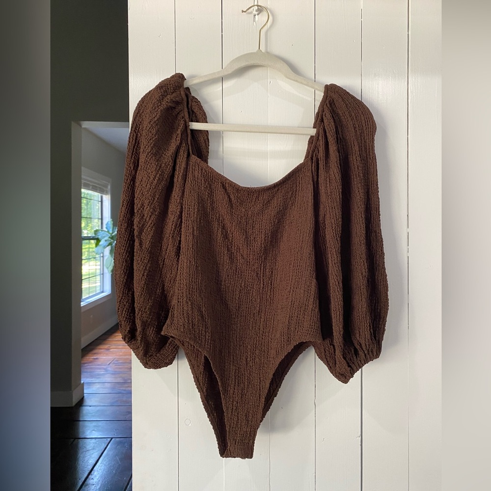 Zara Brown Asymmetrical Ruched Puff Sleeve Bodysuit